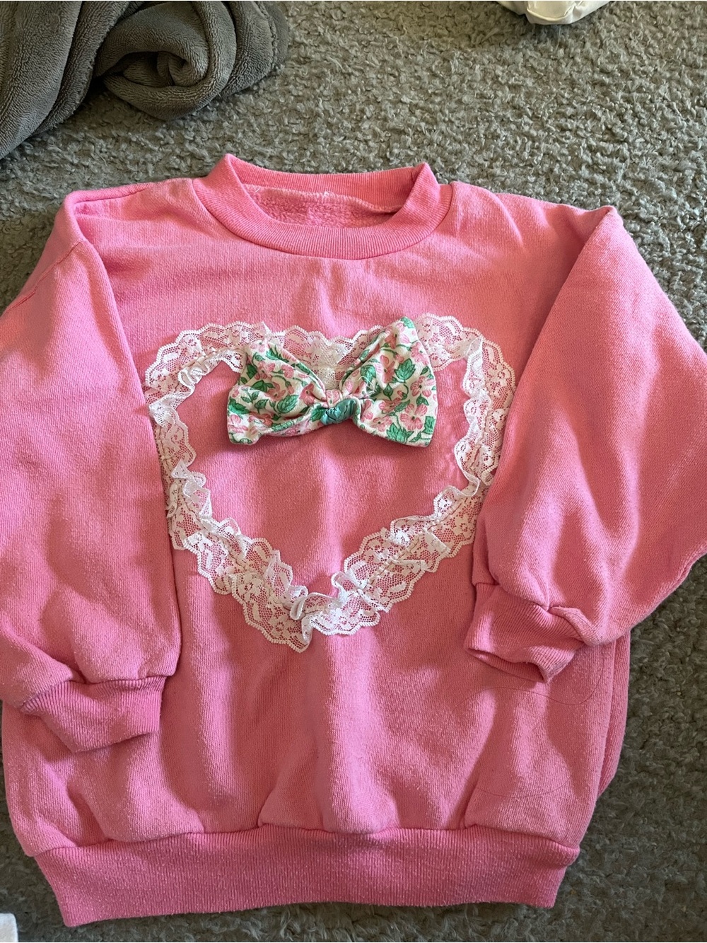 Vintage Pink Kids Sweatshirt with Lace Heart and Floral Bow